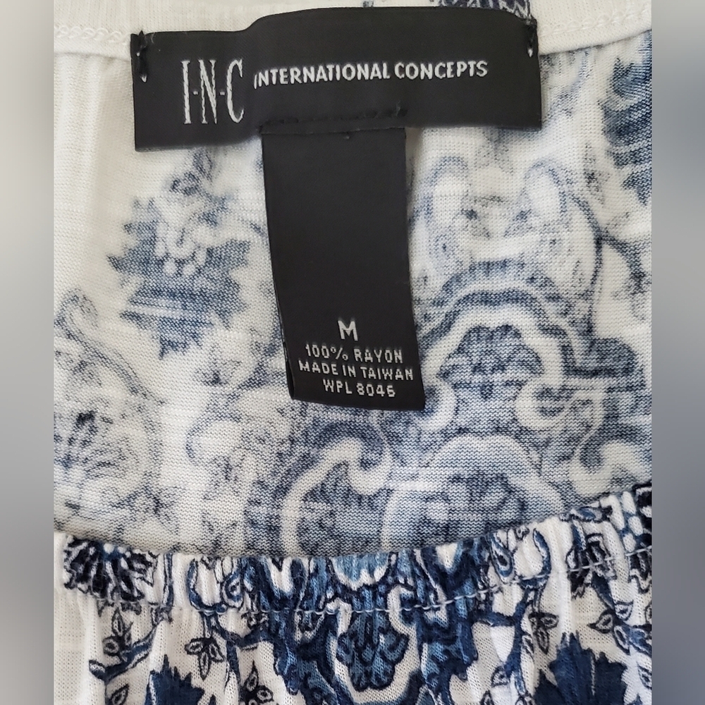 INC International Concepts Blue White Boho Medallion Peasant Top 3/4 Sleeve Med - Picture 2 of 7